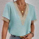 Carregue a imagem no visualizador da Galeria, 2023 summer new lace V-neck short-sleeved T-shirt women loose casual blouse thin solid color pullover  Amaijoin
