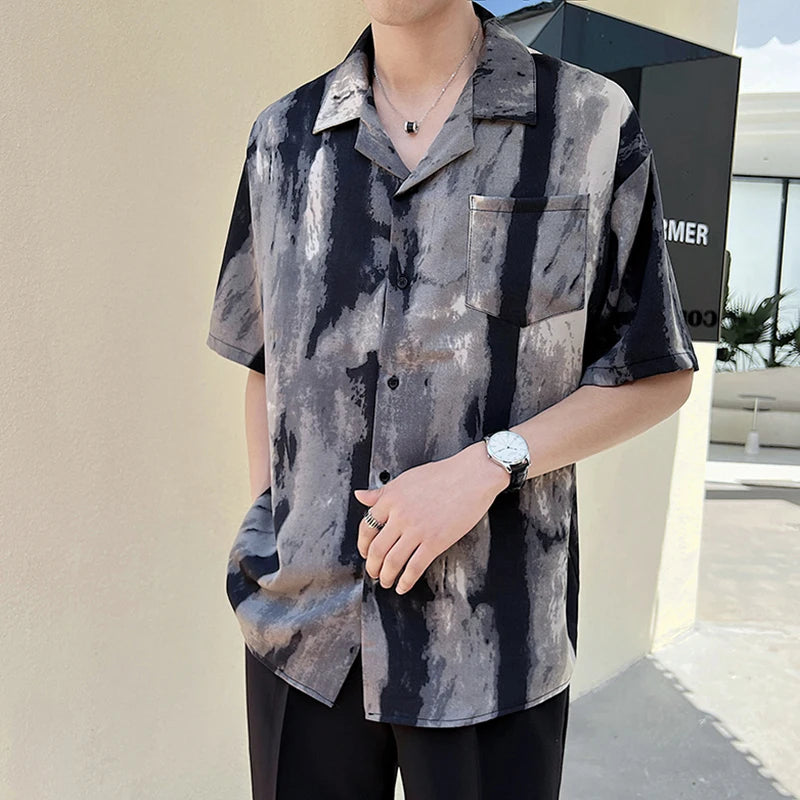 PFHQ Light Luxury Striped Shirts For Men's Turn-down Neck Printed Loose Short Sleeved Trend Summer Cool Pocket Thin Tops 21Z3896  Amaijoin