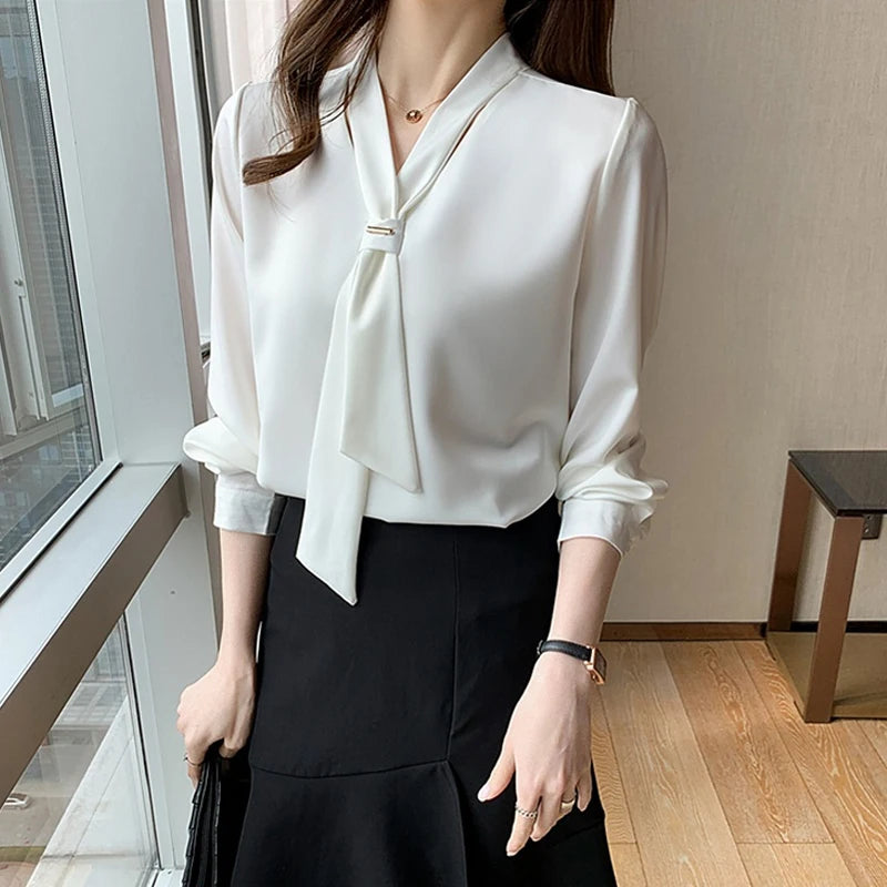 2023 New Fashion Chiffon Women Blouse And Tops Office Long Sleeve White Women Shirts With Tie V Neck Loose Female Clothing 13022  Amaijoin