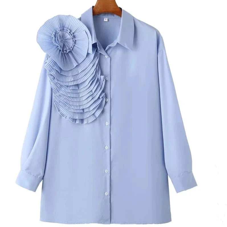 Zevity Women Fashion Pleated Large Flower Appliques Solid Smock Blouse Office Lady Buttons Shirt Chic Chemise Blusas Tops LS5639  Amaijoin