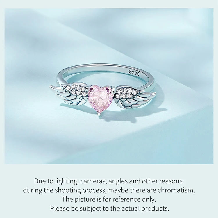 BAMOER 925 Sterling Silver Angel Wing Ring for Women Fine Jewelry Pink Heart Zircon Eternity Band Ring Wedding Gift SCR874  Amaijoin