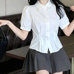 Load image into Gallery viewer, Women&#39;s Summer White Cropped Shirts College Style Turndown Collar Short Sleeve Blouse Lady Korean Style Folds Slim Fit Crop Tops  Amaijoin
