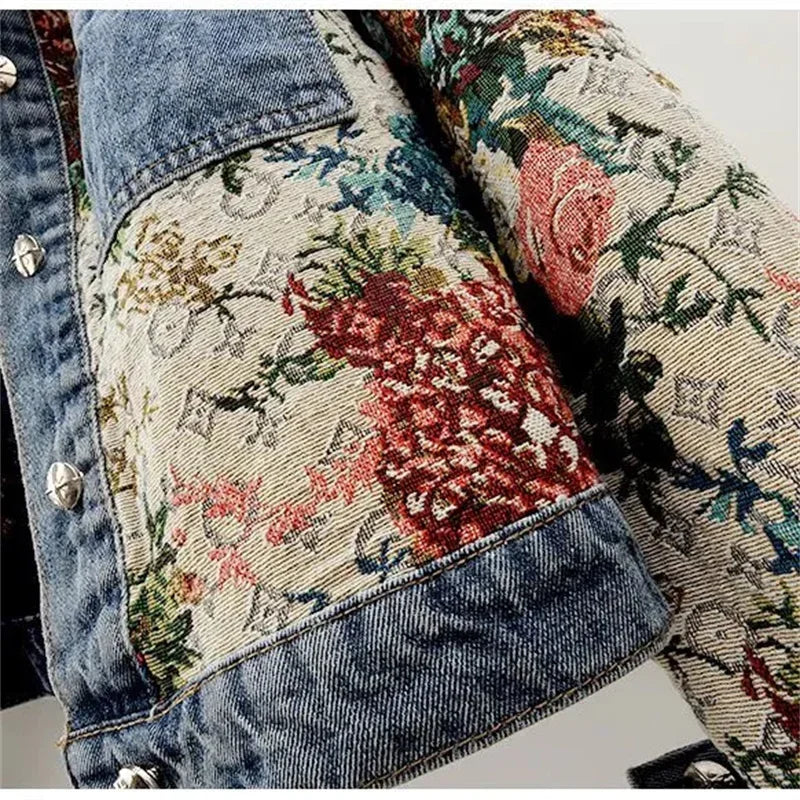 2024 Spring Autumn New Print Denim Jacket Splicing Long Sleeve Lapel Pocket Denim Tops Women's Short Jacket Fashion Cowgirl Coat  Amaijoin