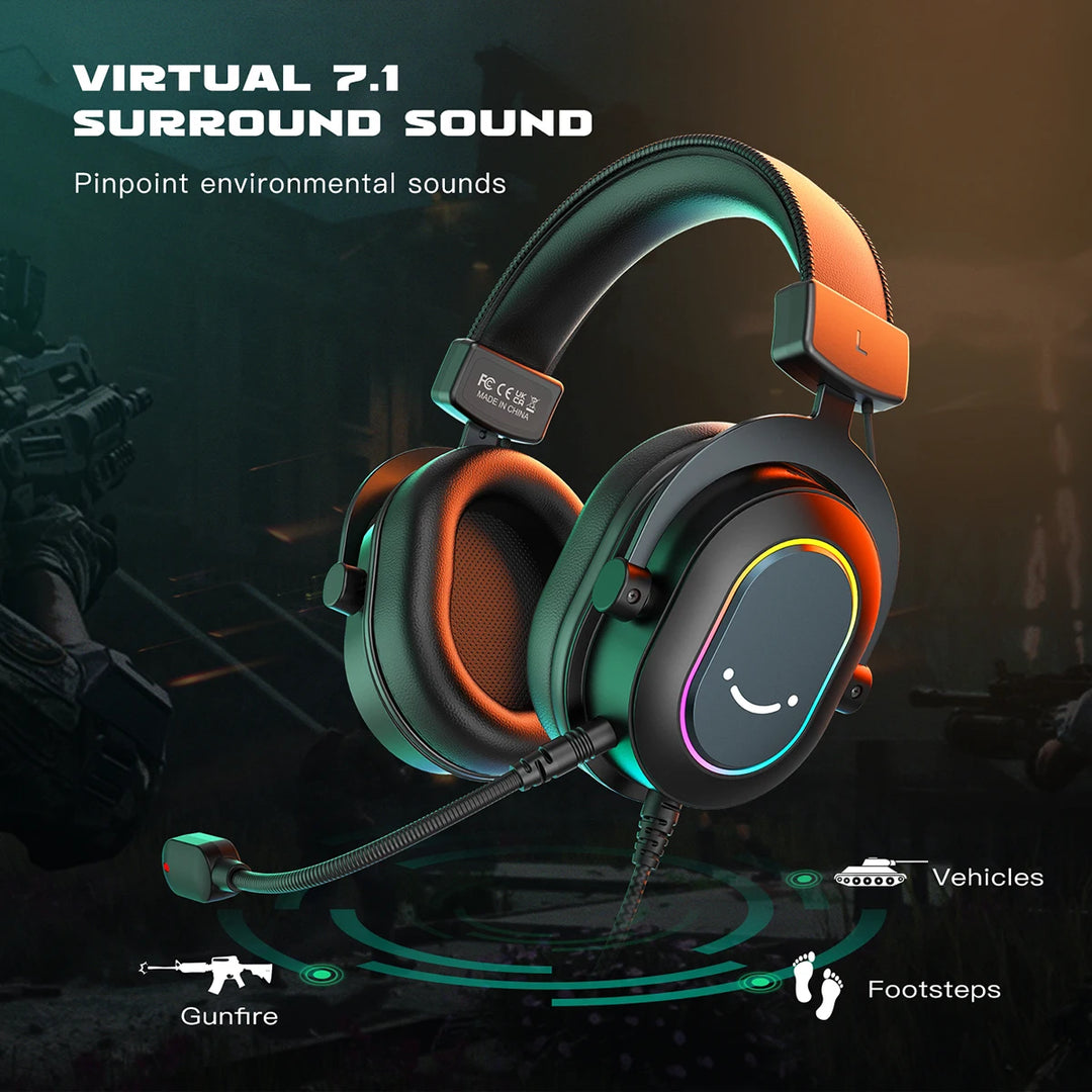 Fifine Dynamic RGB Gaming Headset with Mic Over-Ear Headphones 7.1 Surround Sound PC PS4 PS5 3 EQ Options Game Movie Music  Amaijoin