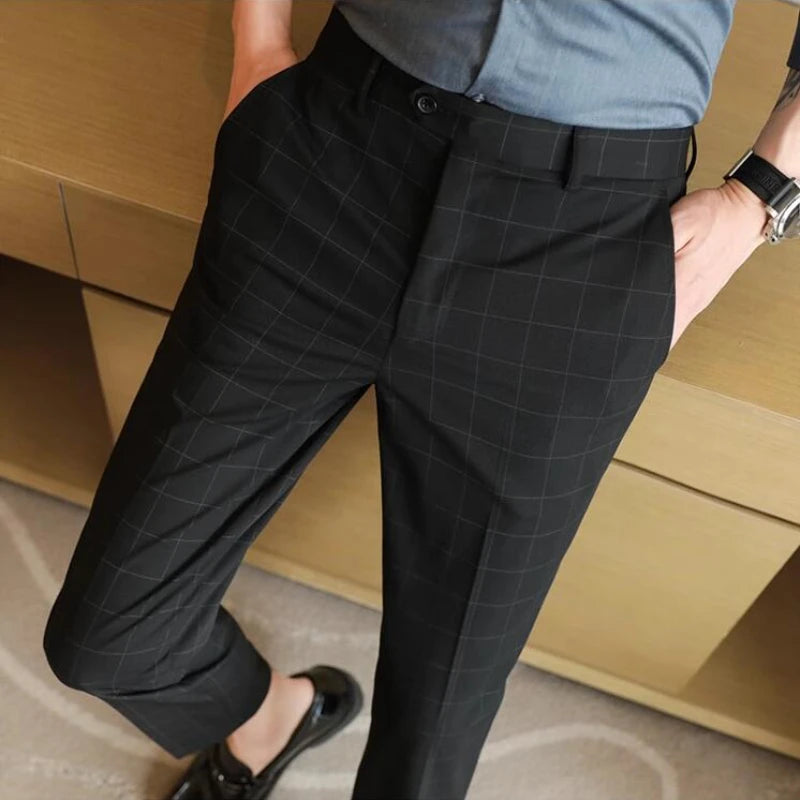 High-quality Belt Design Slim Fit Suit Pants Men Slim Fit Casual Trousers Solid Color Business Dress Pants Wedding Party Costume  Amaijoin