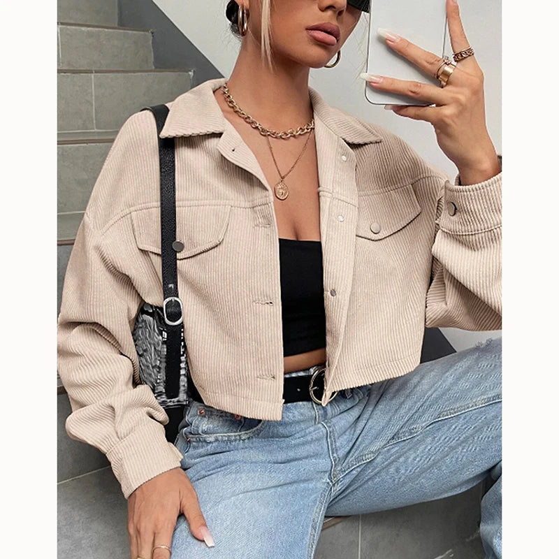 Spring Drop Shoulder Flap Detail Crop Corduroy Jacket Long Sleeve Chic Short Coats  Amaijoin