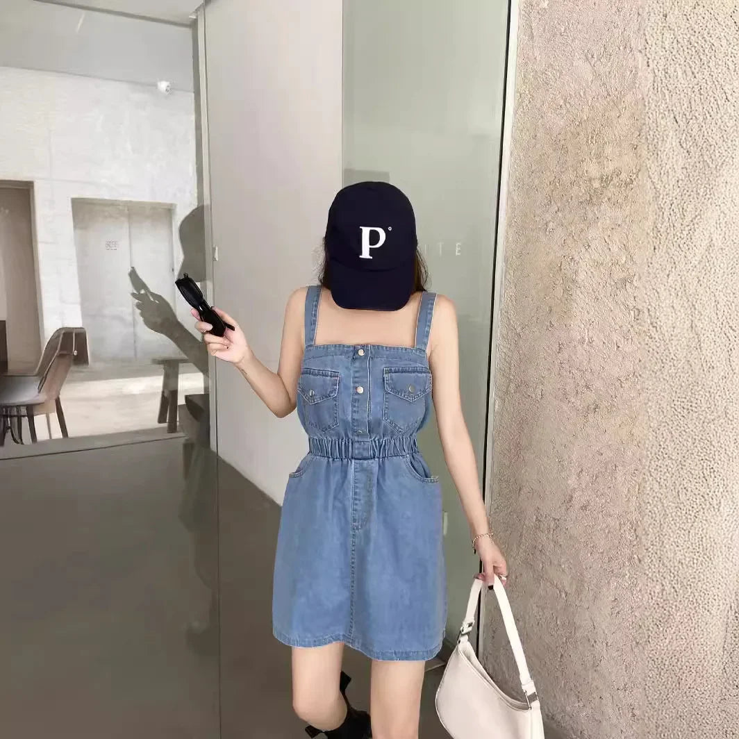 Stylish Denim Dress For Women New Waist-fitted Slimming Petite Short Skirt Fashionable Tie-detail Tanks Camis Shorts  Amaijoin