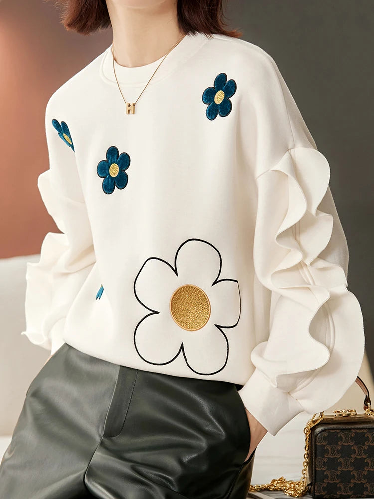 Velvet Sweatshirts Women O Neck Long Sleeve Ruffles Pullovers Girls Beige Top Fall Winter Casual Loose Floral Poncho Korean Chic  Amaijoin