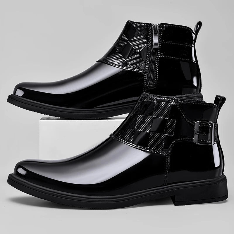 New Men's Casual Patent Leather Luxury Chelsea Boots Business Shoes Mens Designer Brand Formal Dress Shoes for Men Ankle Boots  Amaijoin