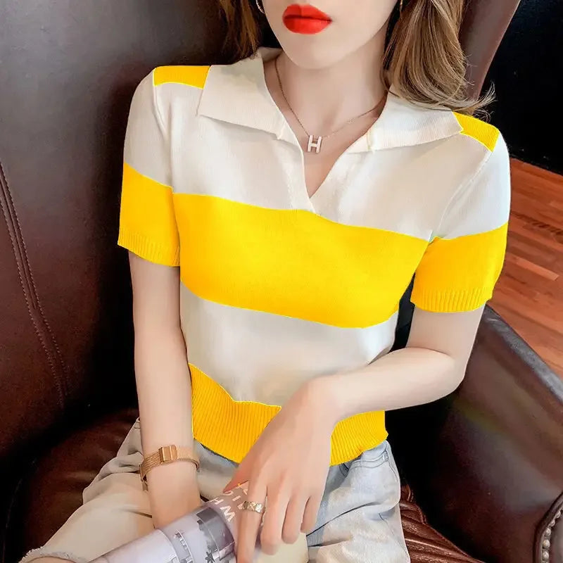 Clothing T-shirt Woman Tops Red Knit Polo Neck Shirts for Women Green Striped Short Sleeve Tee V Cute Youth High Quality Cotton  Amaijoin