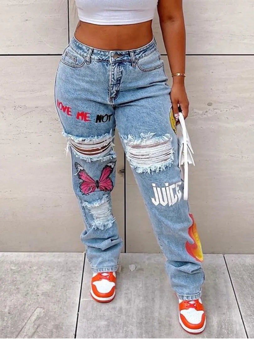 LW Butterfly Letter Print Ripped Jeans Women Casual Denim Pants Street Trousers slim stretch denim pencil pants (No Stretch)  Amaijoin