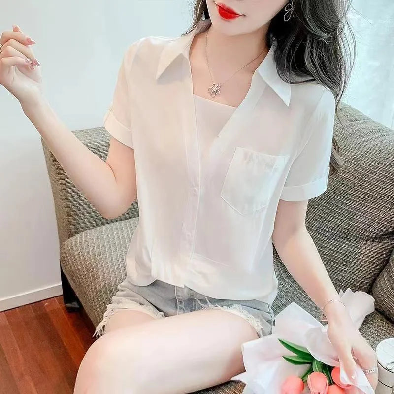 Polo Shirts for Women 2024 Fashionable French V-neck Fake Two White Shirts Summer Design Korean Loose Short Sleeved Shirt Top  Amaijoin