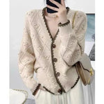 Load image into Gallery viewer, Chic jacquard 100% cashmere knit cardigan Women&#39;s autumn/winter lazy V-neck sweater Loose wool coat  Amaijoin
