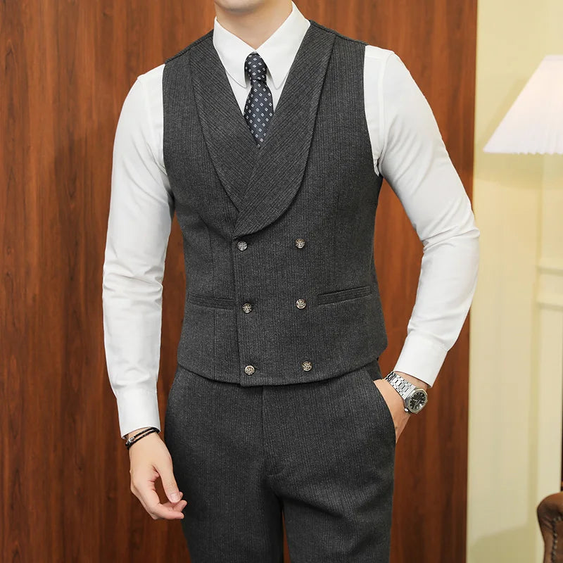 Brand Clothing Men's Suit Vests Herringbone Wool Tweed Double Breasted Waistcoat Tuxedo Groomsmen for Wedding 4XL 5XL  Amaijoin