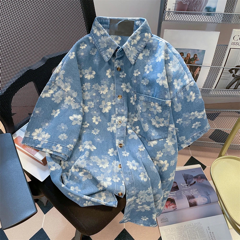 American Retro Floral Print Denim Men Women Shirt Summer Oversize Turn Down Collar Short Sleeved Loose Blouse Tops  Amaijoin