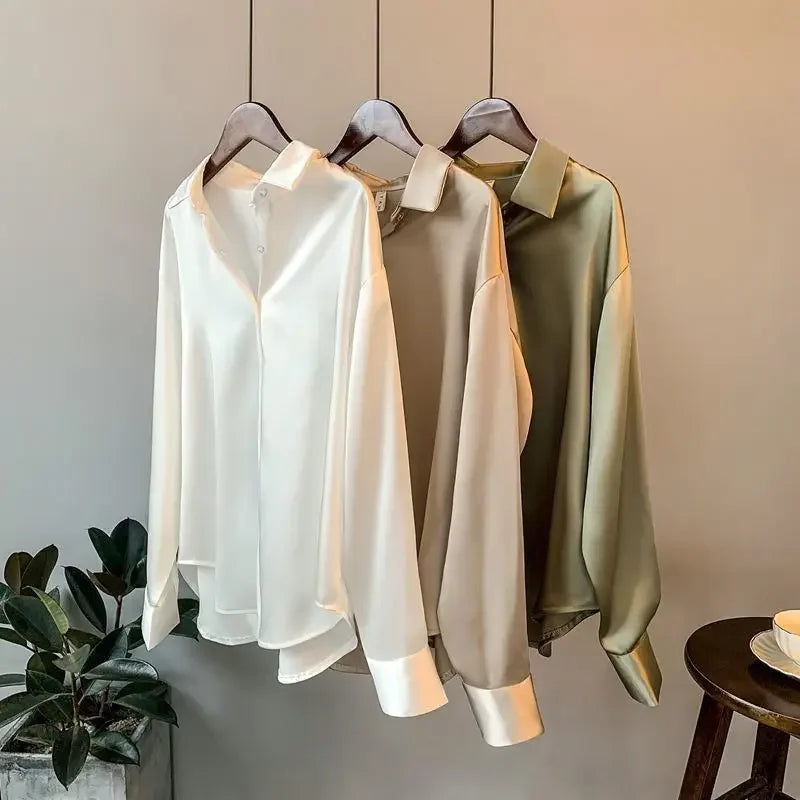 Long Sleeve Satin Silk Tops for Women Button Up Clothes Loose Womens Shirt & Blouse Economic with Free Shipping Trend 2024 M S  Amaijoin