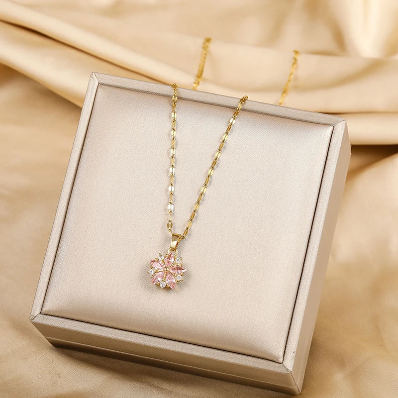 New Cute Romantic Pink Sakura Pendant Stainless Steel Necklaces For Women Korean Fashion Female Sexy Clavicle Chain Jewelry Gift  Amaijoin