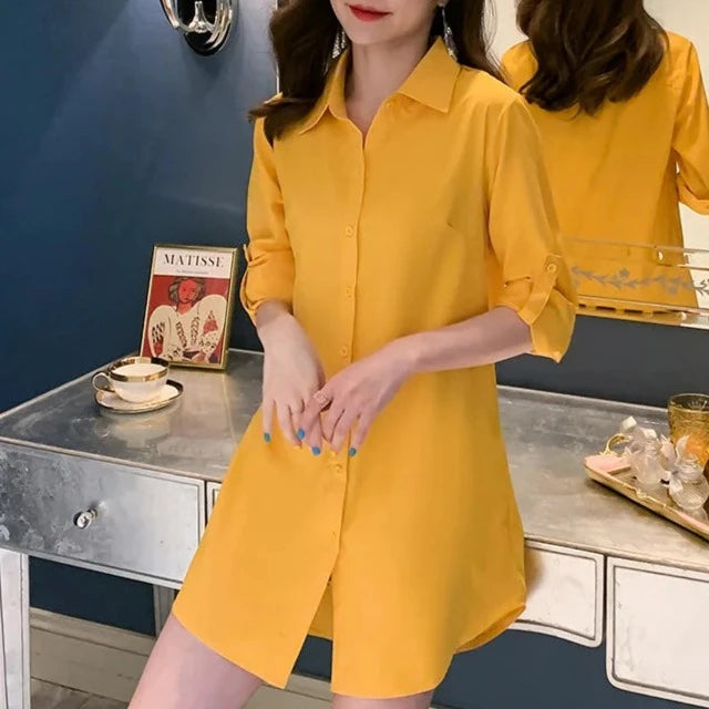 Mid-Length White Shirt Women BF Sexy Shirt Pajamas Female Skirt Ladies Tops Loose 2023 Autumn Clothing Women Shirts and Blouses  Amaijoin