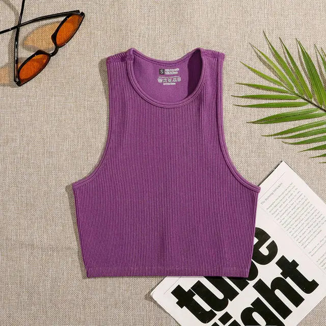 Crop Top Women Solid Basic T-shirts Vest Seamless Streetwear Elastic Rib-Knit Sleeveless Casual Tank Tops Female  Amaijoin