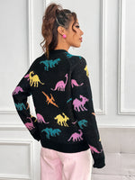 Load image into Gallery viewer, Dinosaurs Print Crew Neck Pullover Sweater  Y2K Long Sleeve Color Block Knitted Sweater For Spring &amp; Summer  Women&#39;s Clothing  Amaijoin
