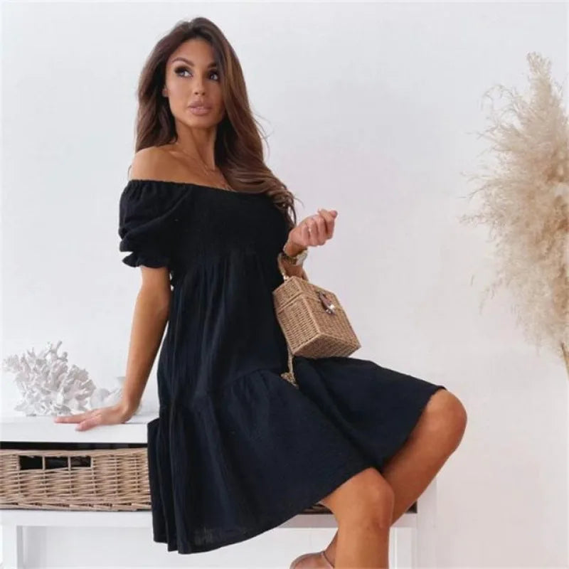 Women's Summer Short Sleeved One Line Neck Commuter Waist Fold Lantern Sleeves Gentle A-line Solid Color Dress  Amaijoin