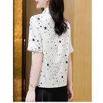 Load image into Gallery viewer, Birdtree 19MM 89.2%Mulberry Silk Summer Women Star Print Shirt Short Sleeve Elegant Fashion Women&#39;s Stand Collar Top T38644QD  Amaijoin
