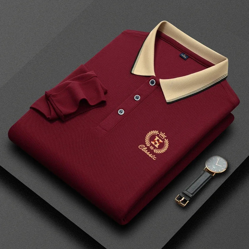 New Men's Casual Embroidery Long Sleeve Polo Shirt Fashion Solid Color Top  Amaijoin