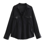 Load image into Gallery viewer, XNWMNZ 2024 Women&#39;s Fashion Black Satin Crepe Shirt Women Lapel Long Sleeve Pocket Office Lady Chic Female Top  Amaijoin
