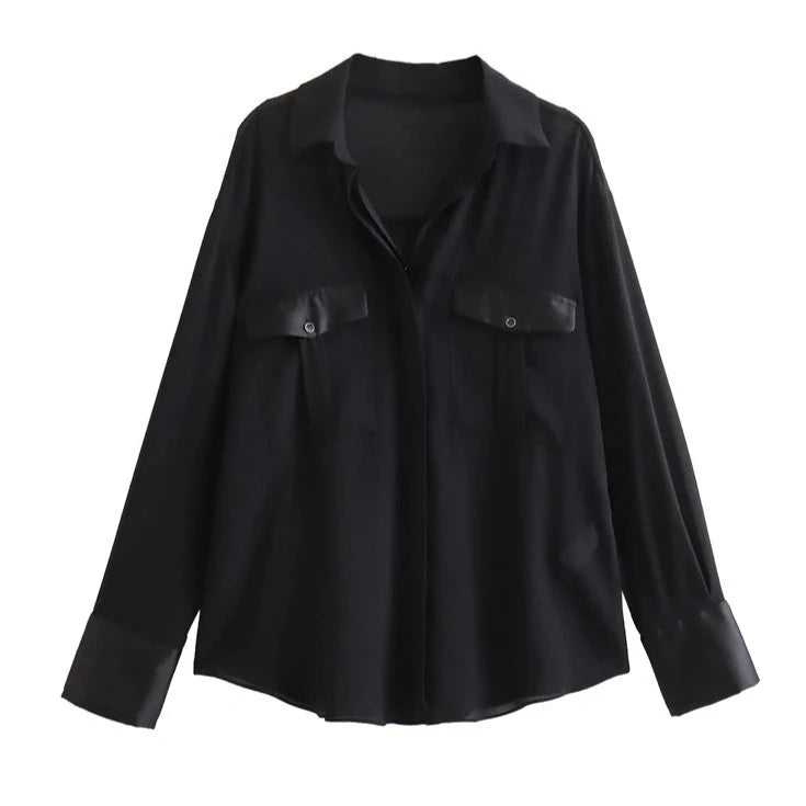 XNWMNZ 2024 Women's Fashion Black Satin Crepe Shirt Women Lapel Long Sleeve Pocket Office Lady Chic Female Top  Amaijoin