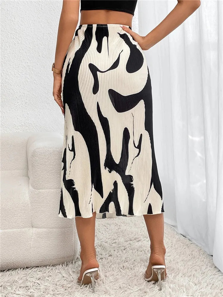 Dressy Casual Graphic Print Pleated Long Skirts Women Autumn Fashion Elastic High Waist Geometry Midi Skirt Streetwear 2023  Amaijoin