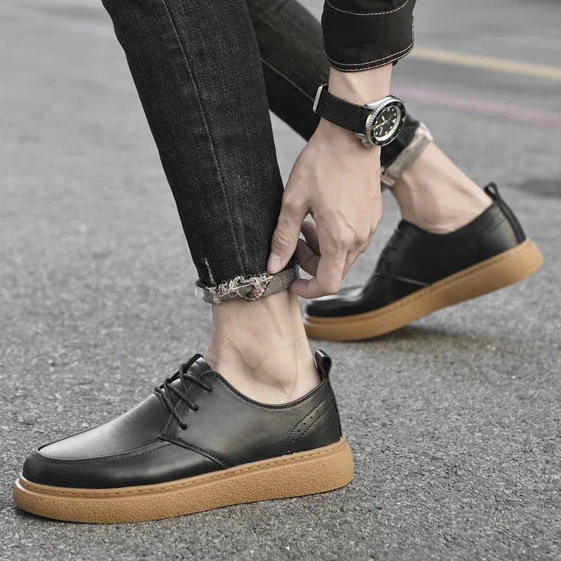 Brand Men Genuine Leather Shoes Casual Leather Flat Designer Vulcanized Shoes British Style Thick Bottom Comfy Walking Sneakers  Amaijoin