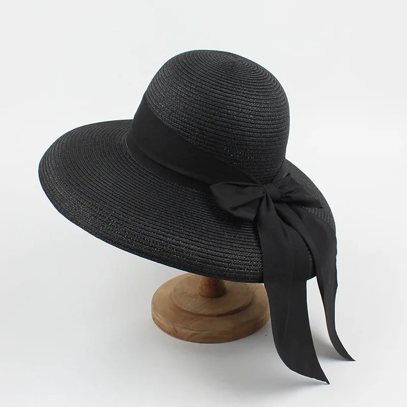 Hepburn bow ribbon sun hat women's straw hat Bucket hat color sunscreen sun hat beach hat wholesale  Amaijoin