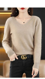 Load image into Gallery viewer, Women&#39;s Flat V-neck Mink Cashmere Sweater New Autumn/winter 2023 Knitted Loose Pullover Commuter Basic Knit Top  Amaijoin
