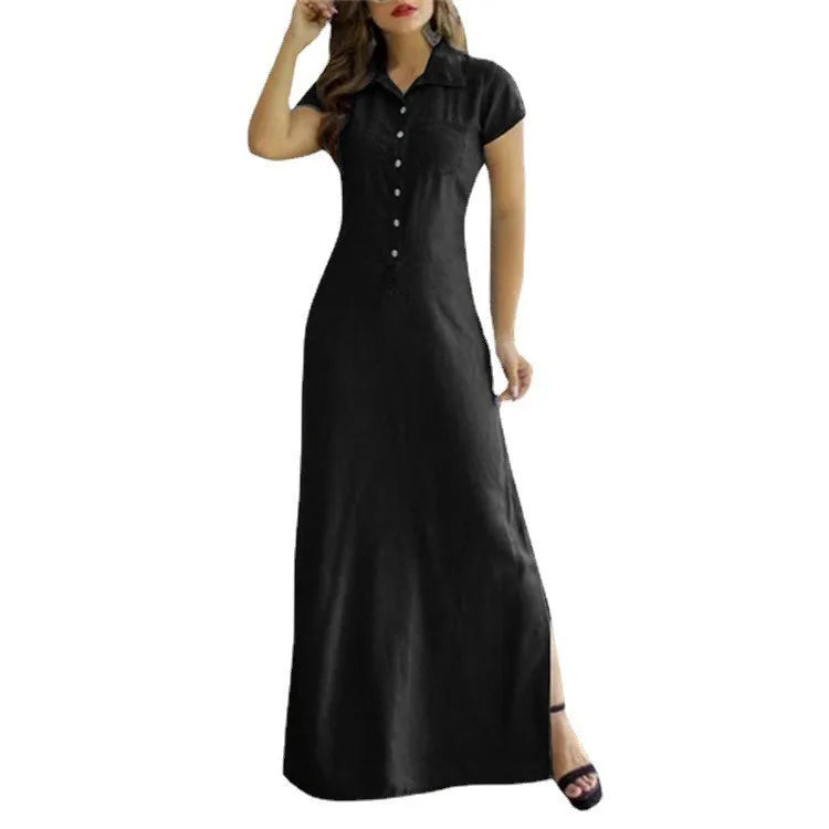 Europe And America Cross Border New Long Dress Shirt Collar Split Pocket Large Swing Dress Large Casual Denim Dress  Amaijoin