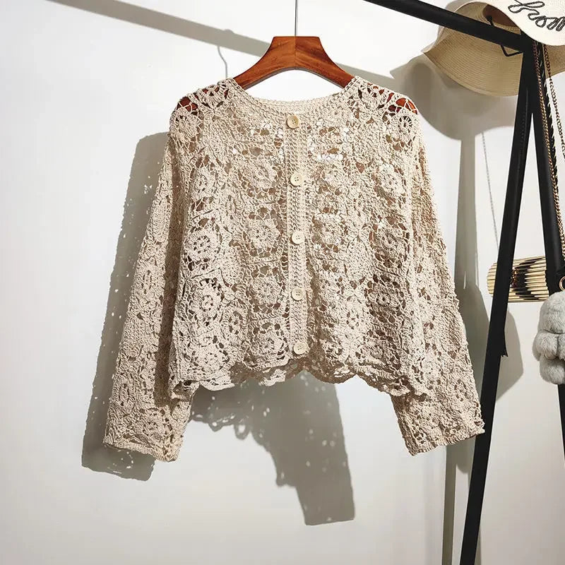 Lace Small Shawl Cotton Cardigan female 2023 spring and summer o neck long sleeve solid casual Versatile Hollow Cardigan Female  Amaijoin