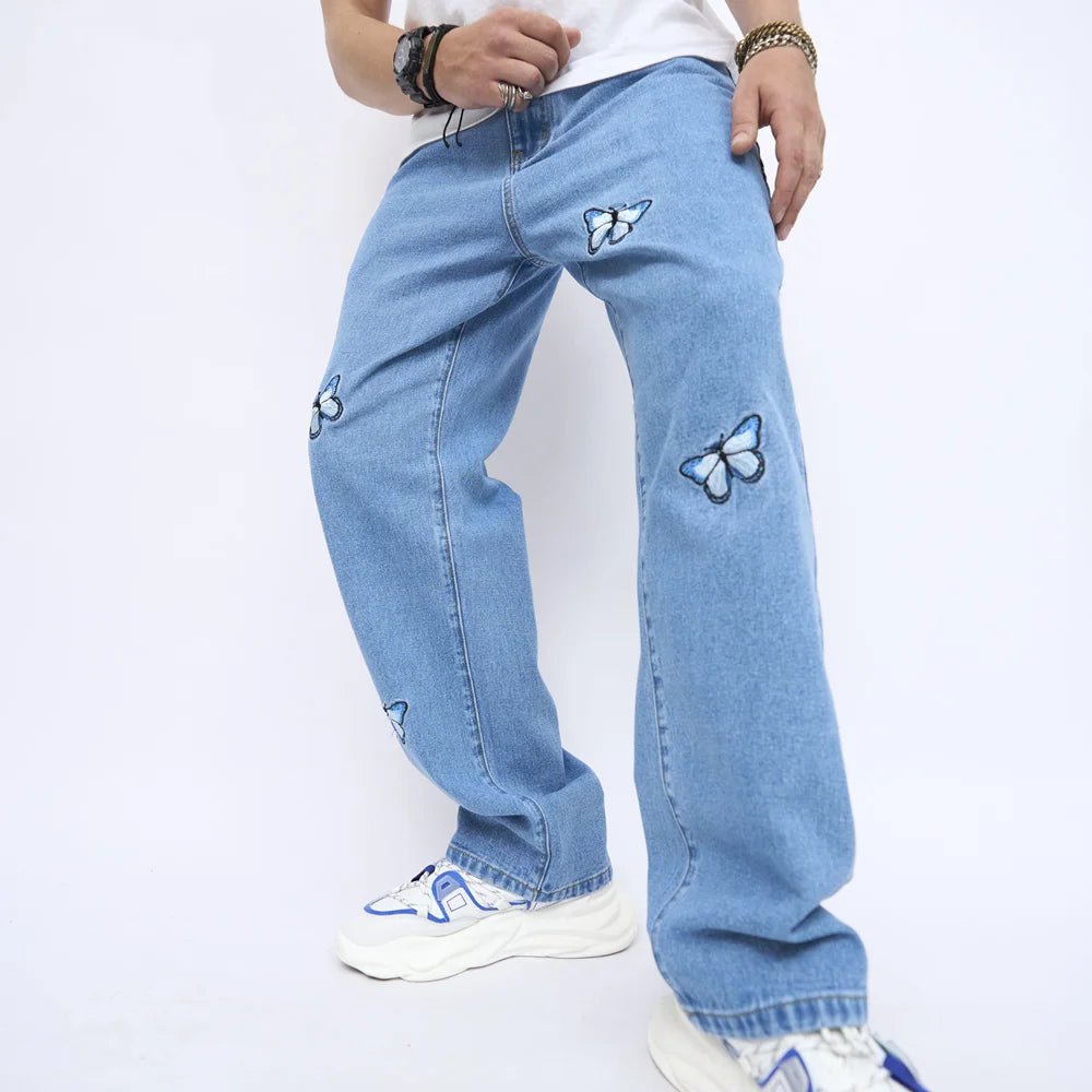 2023 New Men Butterfly Embroidery Stylish Loose Straight Jeans Pants Male Cotton Casual Denim Trousers  Amaijoin