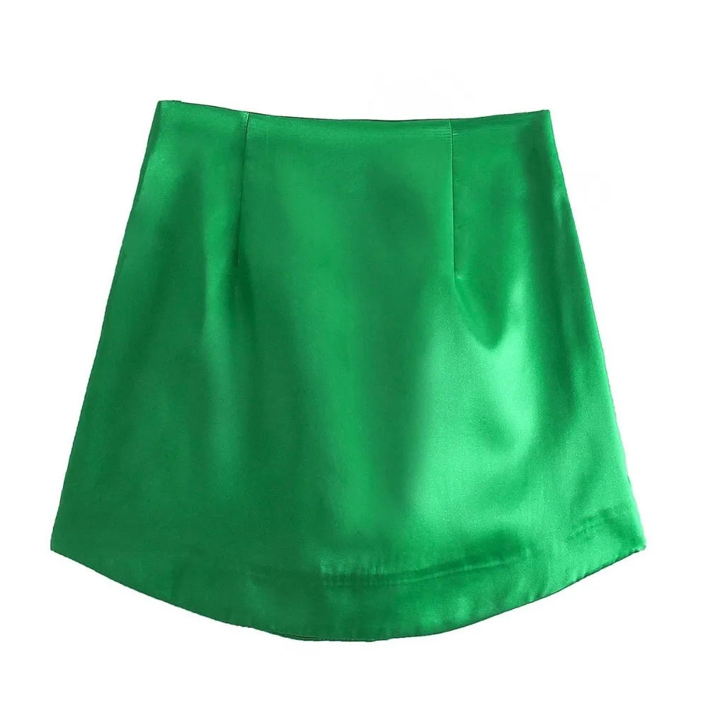 Slim Chic Elegant Women Mini Skirts Green Satin High Street Solid Side Zipper Sexy Bodycon Skirt Faldas Mujer  Amaijoin