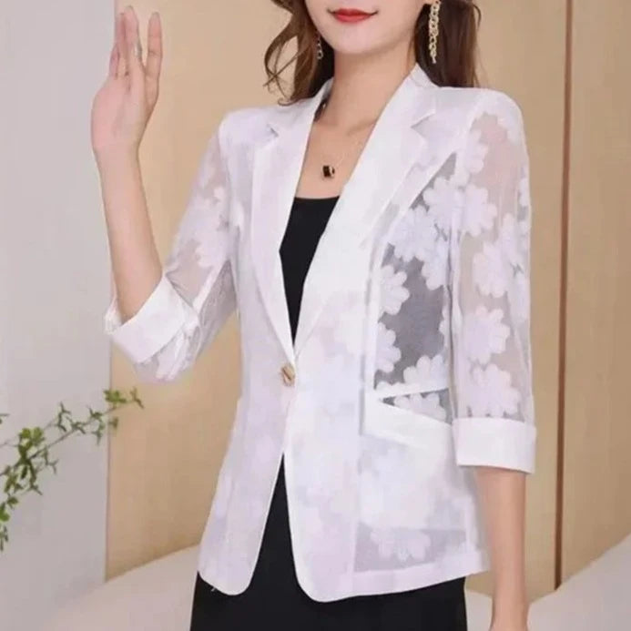 Women Blazer Jacket Spring Summer New Thin Cardigan Sun Protection Clothing Hollow Lace Three-quarter Sleeve Suit Top Ladies  Amaijoin