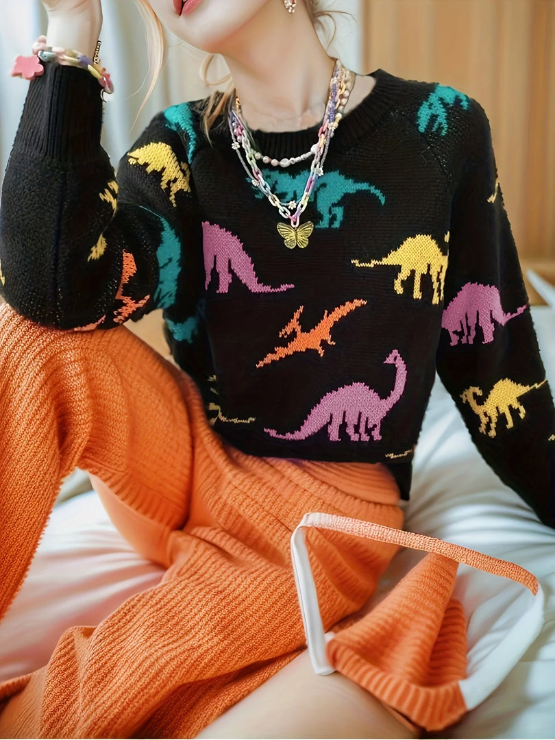 Dinosaurs Print Crew Neck Pullover Sweater  Y2K Long Sleeve Color Block Knitted Sweater For Spring & Summer  Women's Clothing  Amaijoin