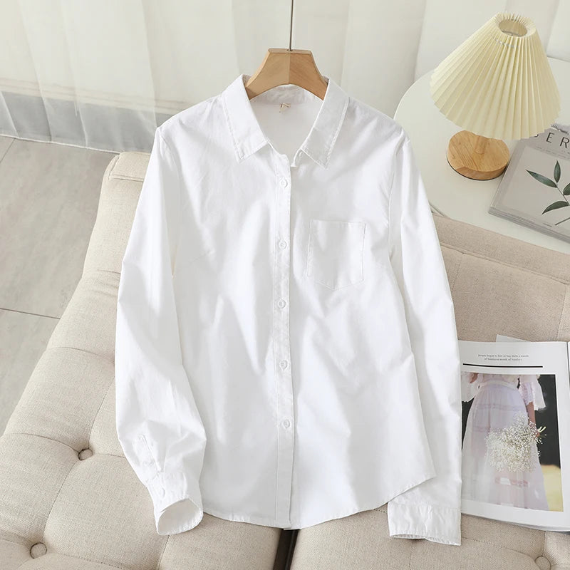 Women's Casual Cotton Oxford Shirt 2023 New Woman Striped Blouse and Tops Simple Solid Lady White Blue Shirts Clothes  Amaijoin