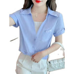 Load image into Gallery viewer, Polo Shirts for Women 2024 Fashionable French V-neck Fake Two White Shirts Summer Design Korean Loose Short Sleeved Shirt Top  Amaijoin
