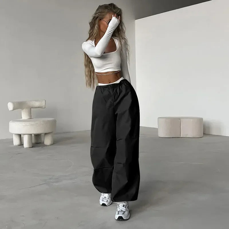 Y2k Baggy Pants Women Cargo Pants Sports Wide Leg Pants Drawstring Joggers Female Streetwear Solid Casual High Waisted Trousers  Amaijoin