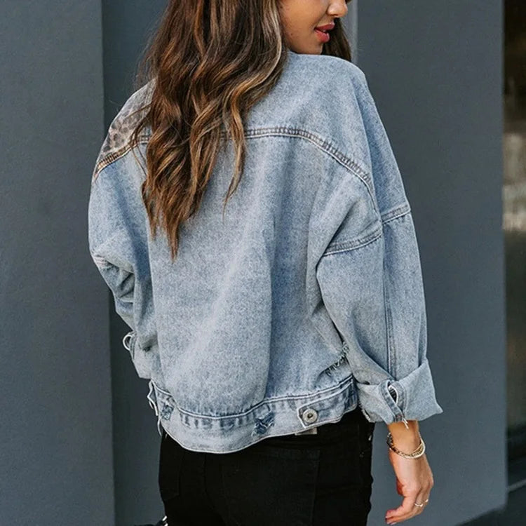 2023 Spring New Denim Jacket Women Long-sleeved Denim Jacket Female Leopard Stitching Female Tops  Amaijoin