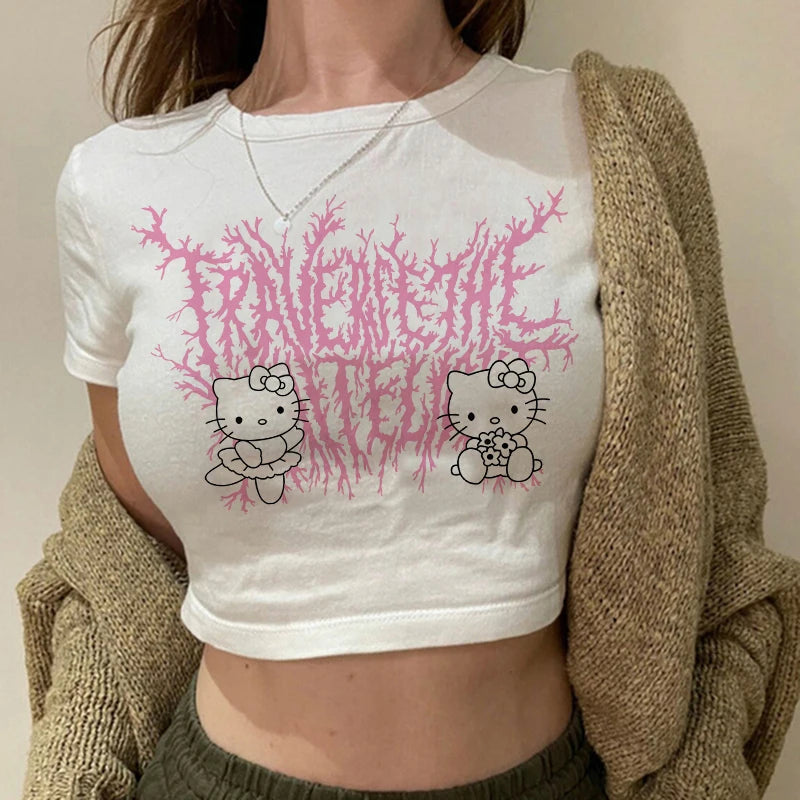 Tshirt Crop Top Hello Kitty T-shirt Kawaii T Shirt Sanrio Anime Cartoon Children Casual Clothes Y2k Cropped Tee Shirt Top  Amaijoin