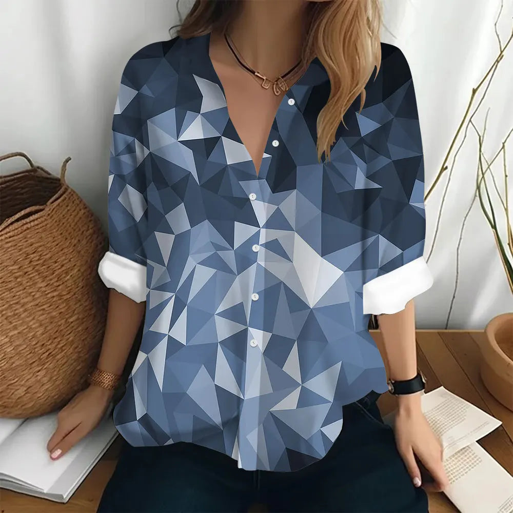 Autumn Women's Shirt Polo Collar Long Sleeve T-shirt Fashion Print Top Fashion Party Trend Women's Shirt Button Casual T-shirt  Amaijoin