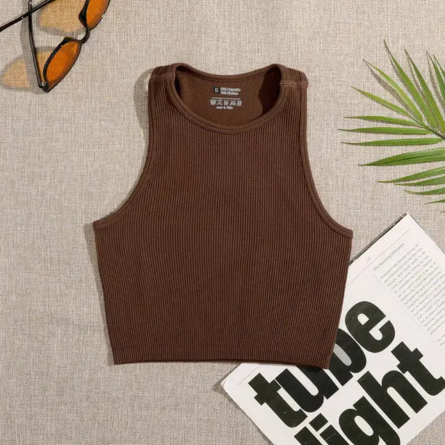 Crop Top Women Solid Basic T-shirts Vest Seamless Streetwear Elastic Rib-Knit Sleeveless Casual Tank Tops Female  Amaijoin