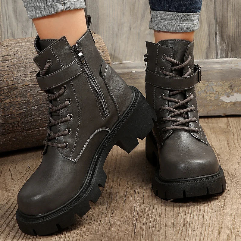 Belt Buckle Platform Combat Boots Women Chunky Heels Lace Up Ankle Boots Woman Side Zipper PU Leather Short Booties Plus Size 43  Amaijoin