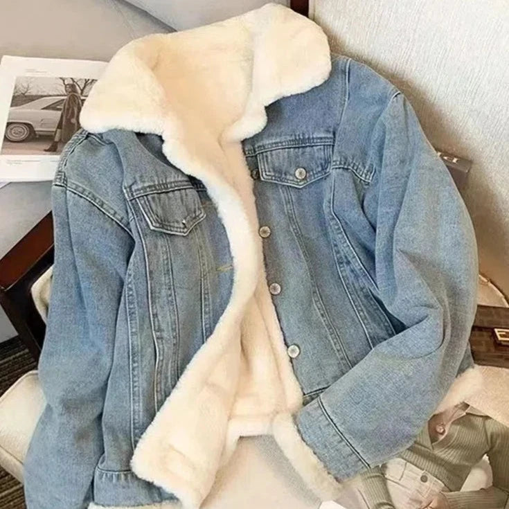 Winter Fleece Thicken Denim Jacket Women Loose Oversized Casual Warm Jeans Coats Wear Fur Collar Long Sleeves Female Clothes  Amaijoin