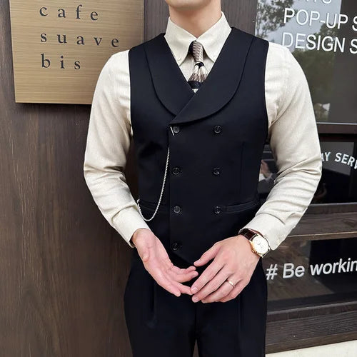 High Quality Autumn Double Breasted Suit Vest Men Business Formal Sleeveless Vest Slim Fit Wedding Groom Banquet Party Waistcoat  Amaijoin