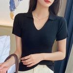 Load image into Gallery viewer, Ice Silk Ribbed POLO Short Sleeve T-Shirt Chic Red Slim Urbane Casual Design Aesthetic Beautiful Woman Blouse Summer Clothing  Amaijoin
